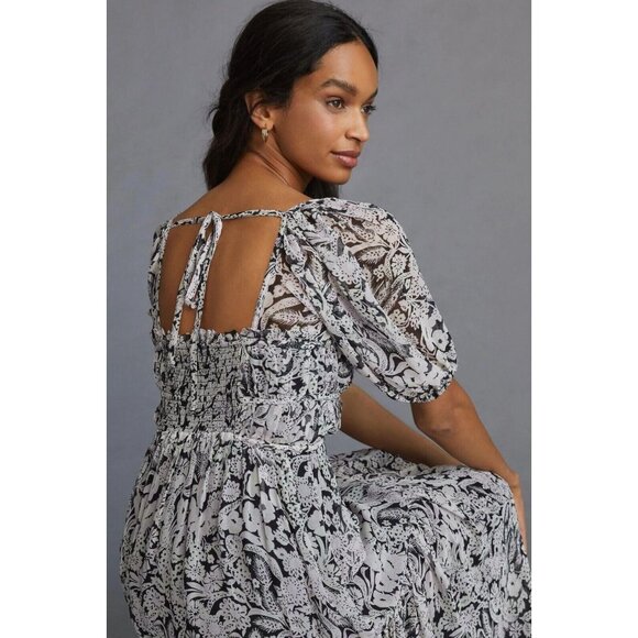 By Anthropologie Squareneck Smocked Midi Dress Resort XS New - Picture 4 of 6